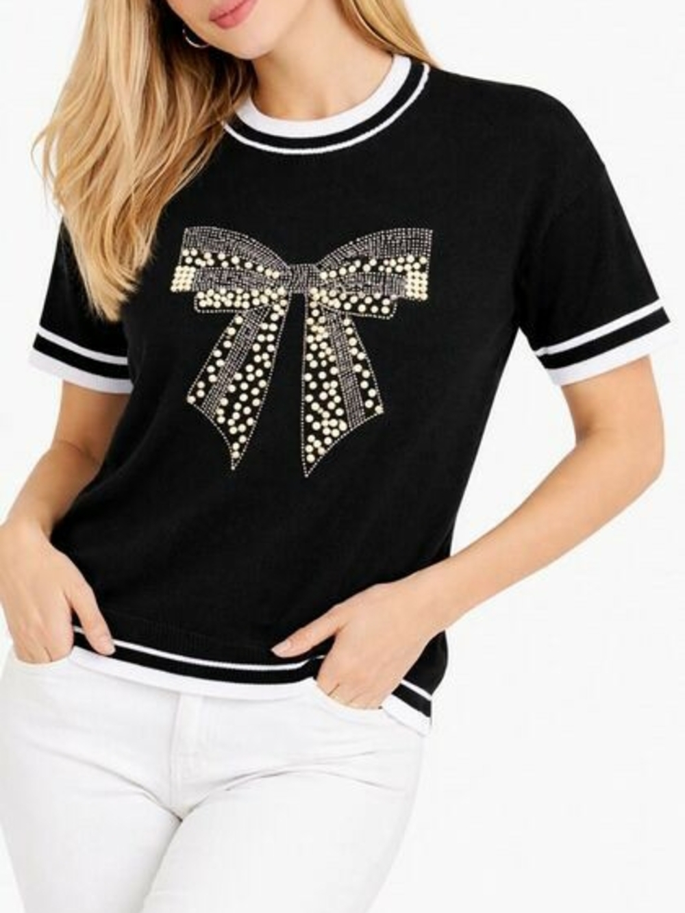 Black & White Short-Sleeve Knit Top with Embellished Bow 1x